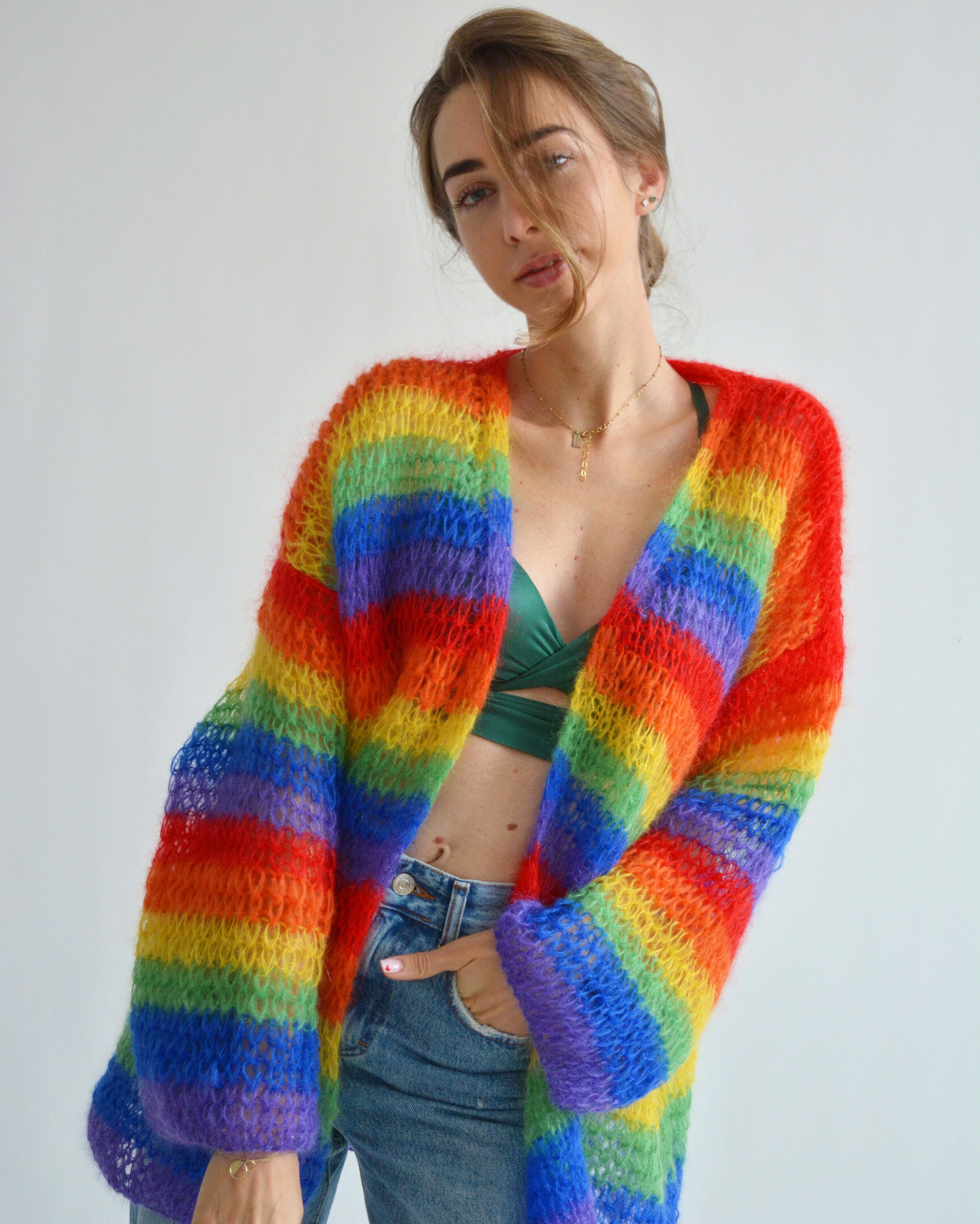 Rainbow mohair cardigan Handknit 