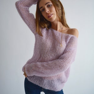 Light lilac mohair sweater, Loose handknit sweater, Oversized sexy sweater, Casual chic sweater, Bohemian off shoulder wool sweater image 3