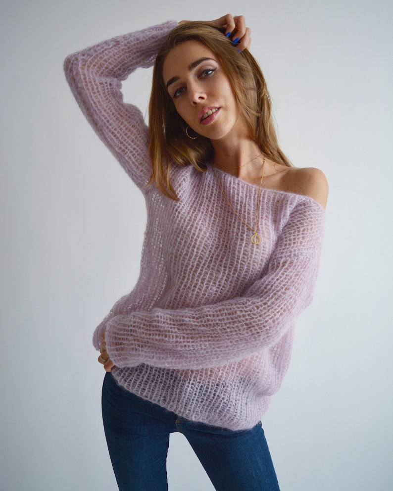 Light lilac mohair sweater, Loose handknit sweater, Oversized sexy sweater, Casual chic sweater, Bohemian off shoulder wool sweater image 3