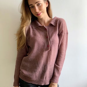 Mauve collared polo sweater Retro style sweater Alpaca polo style sweater Buttoned stylish sweater Merino wool soft sweater Sexy sweater image 5