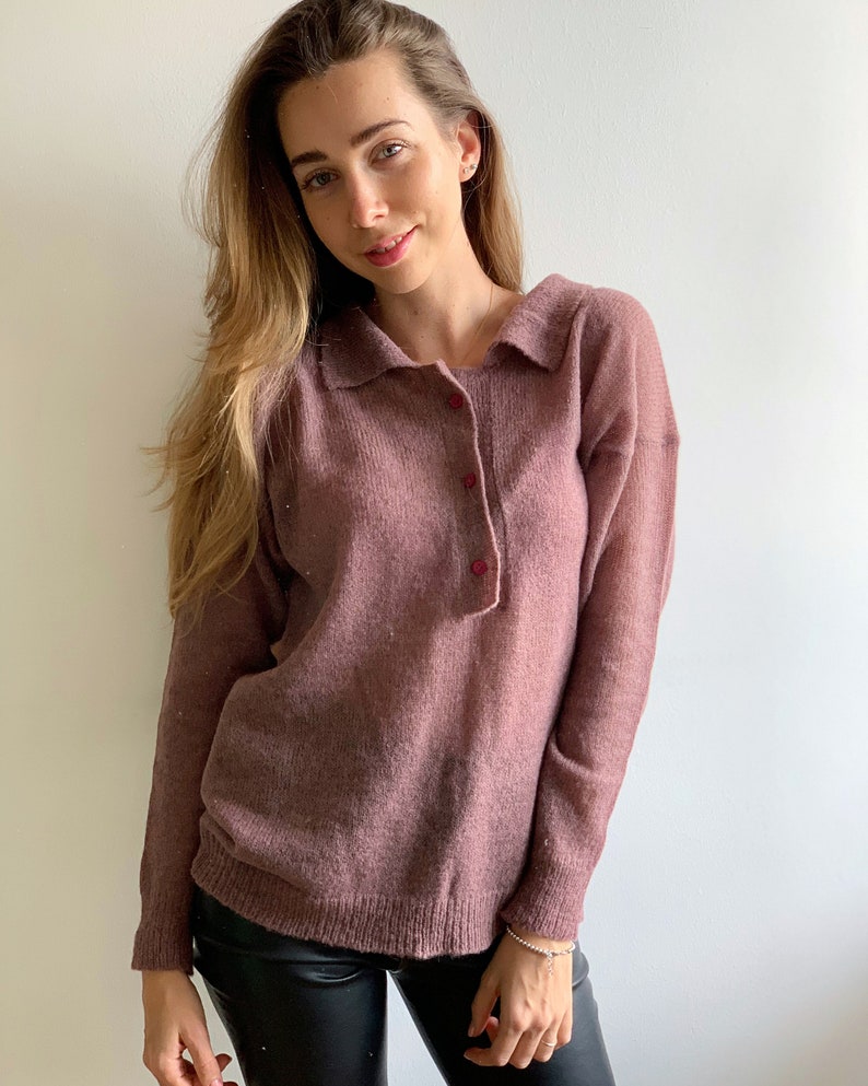 Mauve collared polo sweater Retro style sweater Alpaca polo style sweater Buttoned stylish sweater Merino wool soft sweater Sexy sweater image 5