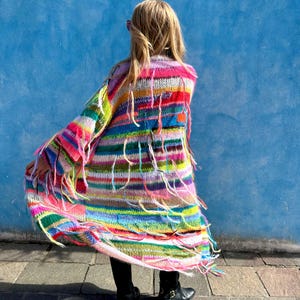 Colorful patchwork handknit cardigan Multicolor mohair women cardigan with frills Geometric unique funny cardigan Rainbow long cardigan