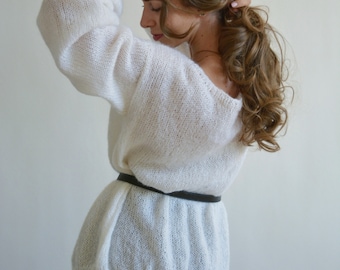 White mohair cardigan Short thick cardigan Cropped loose cardigan Warm  soft cardigan Bridal knitted cardigan Wedding open front  cardigan