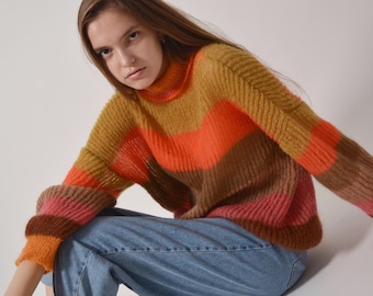 Pull en mohair lumineux Pull à rayures multicolores Pull à col