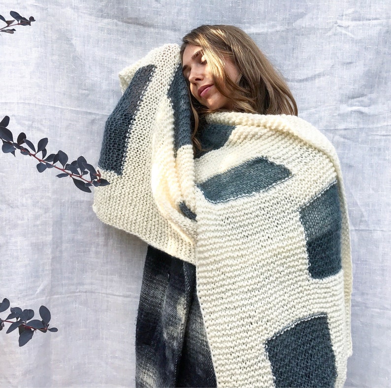 White merino wool winter scarf, Unisex chunky knit scarf, Warm handmade scarf, Long fashion scarf, Blanket oversized scarf, Mohair scarf image 1