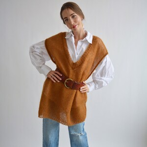Brown mohair sweater vest Loose V neck vest Sleeveless knitted sweater Chunky wool top Stylish waistcoat Handknit vest Long oversized vest image 6