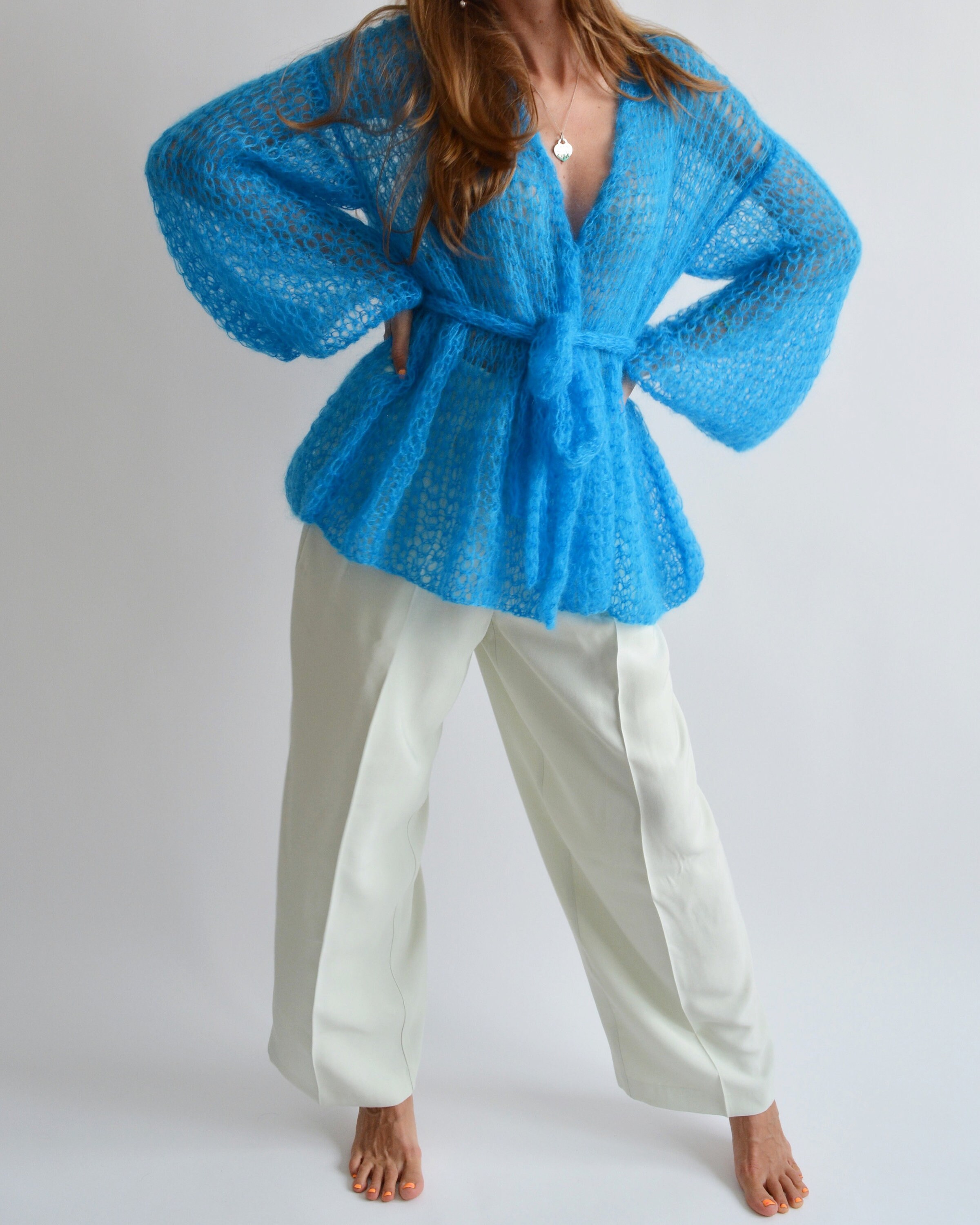 Bright Blue Mohair Cardigan, Cropped Belted Cardigan, Short
