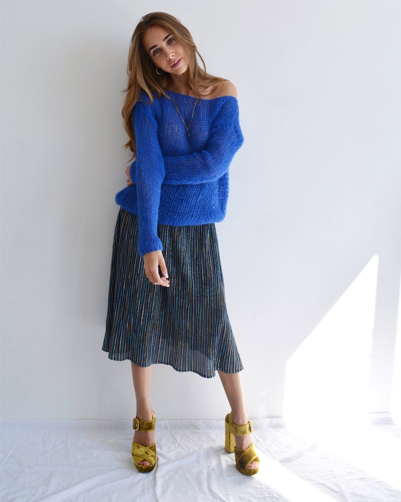 Electric blue mohair sweater Off shoulder oversized sweater Etsy