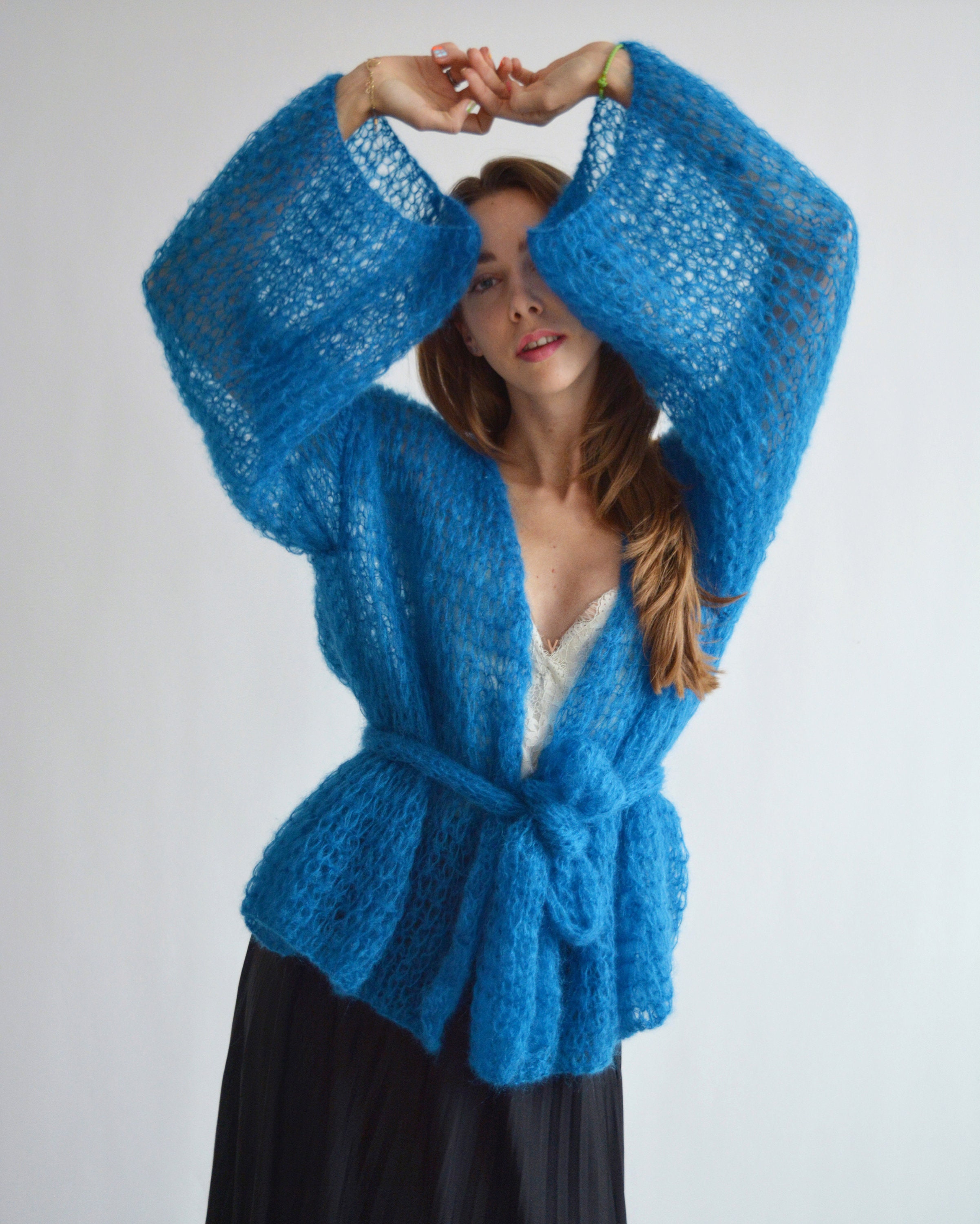 トップス perverzeTie-dyed Mohair Cropped Cardigan Blue Mohair Cardigan Cropped Wool Cardigan Belted Oversized