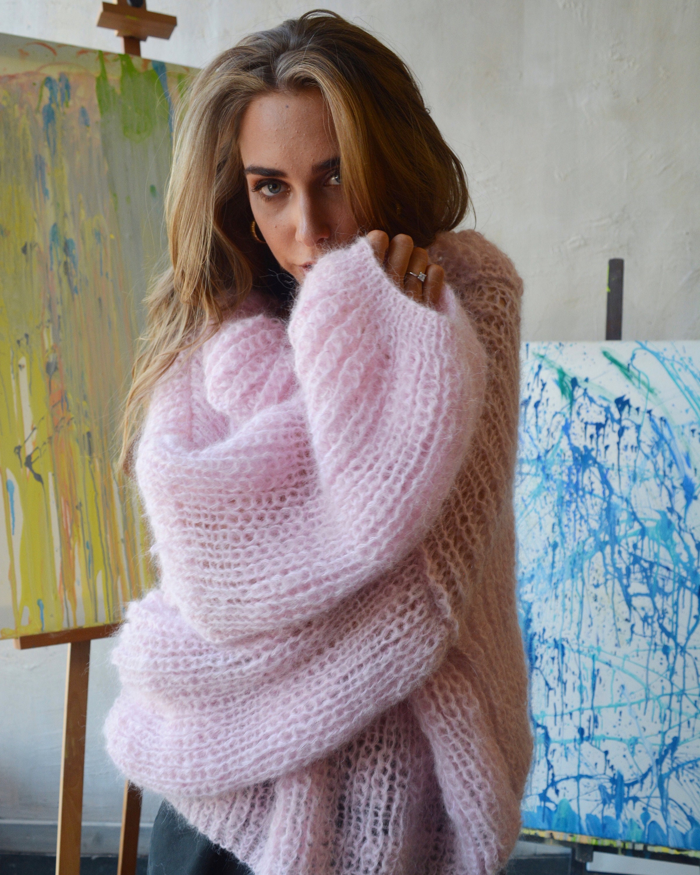 Light Pink Mohair Sweater Alpaca Turtleneck Sweater Slouchy