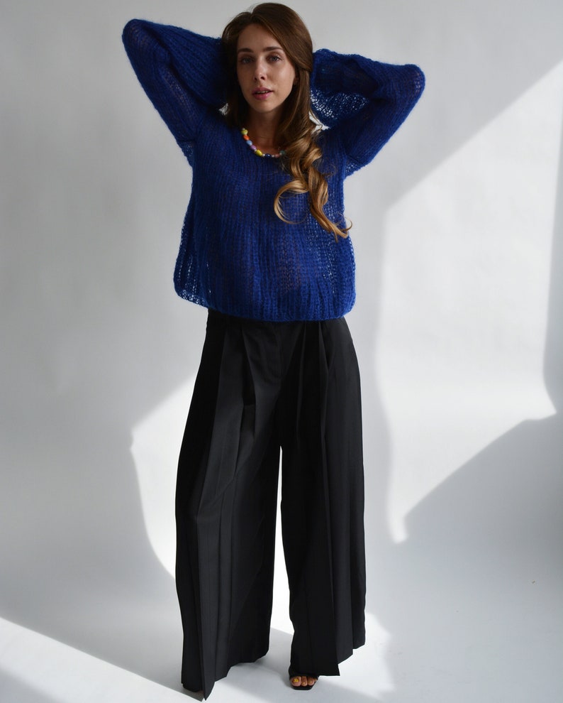 Blue Kid Mohair Sweater | Handmade Oversized Knit Pullover | Luxury Lightweight Sweater Bild 6