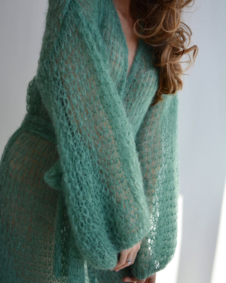 Green mohair cardigan Long belted cardigan Kimono oversized cardigan Light chunky cardigan Wrap cardigan coat Handknit maxi cardigan image 9