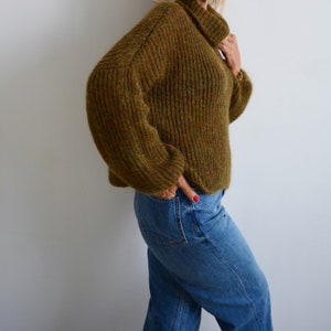 Green khaki mohair turtleneck sweater, Olive loose knit sweater, Thick handknit wool sweater, Oversize warm chunky sweater image 3