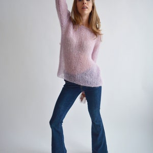 Light lilac mohair sweater, Loose handknit sweater, Oversized sexy sweater, Casual chic sweater, Bohemian off shoulder wool sweater image 4