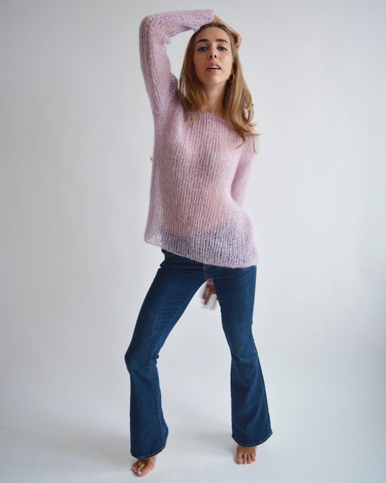 Light lilac mohair sweater, Loose handknit sweater, Oversized sexy sweater, Casual chic sweater, Bohemian off shoulder wool sweater image 4