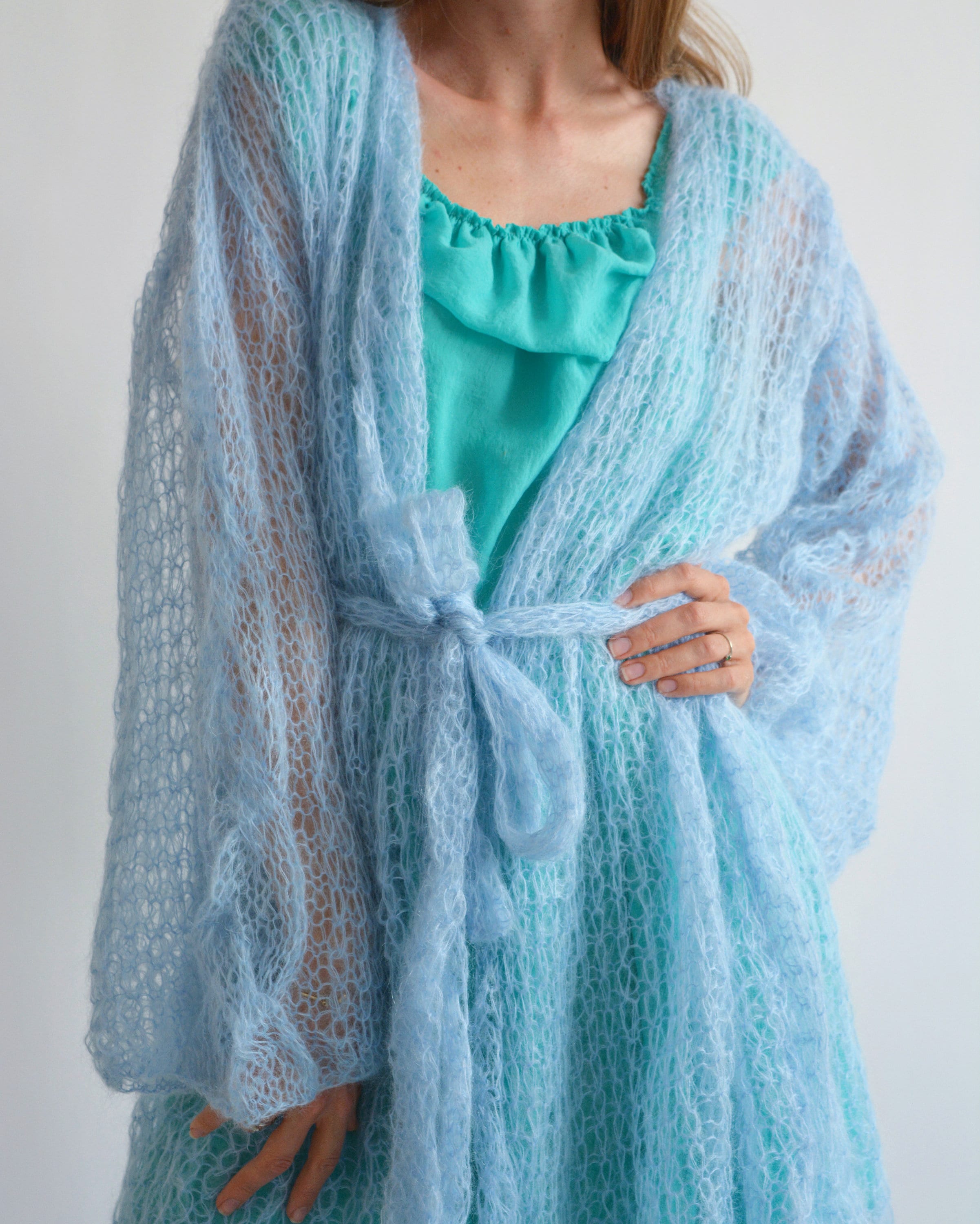 Light Blue Mohair Cardigan Long Kimono Cardigan Belted Chunky Knit ...