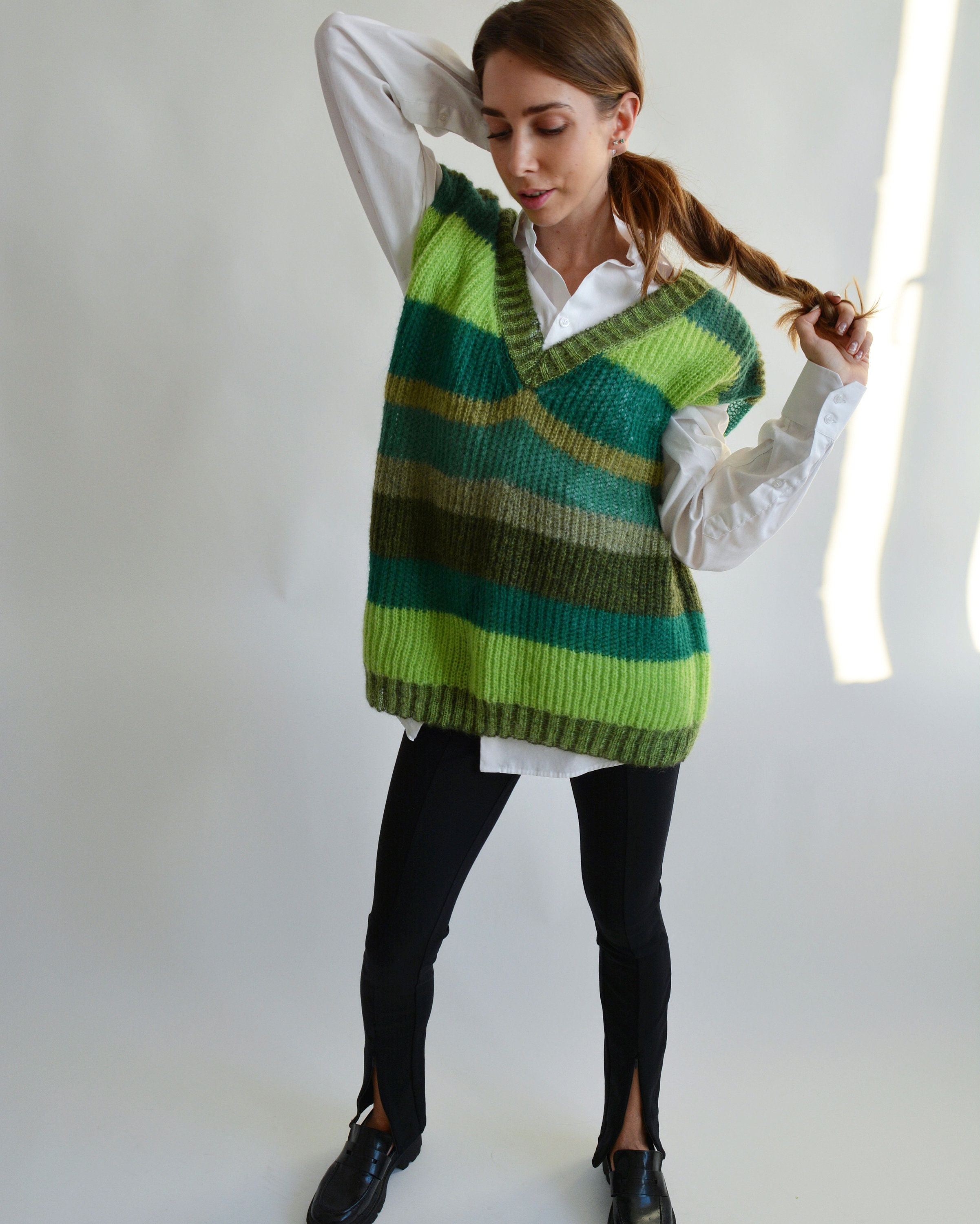 Green Emerald Mohair Vest Striped Sleeveless Sweater Knitted
