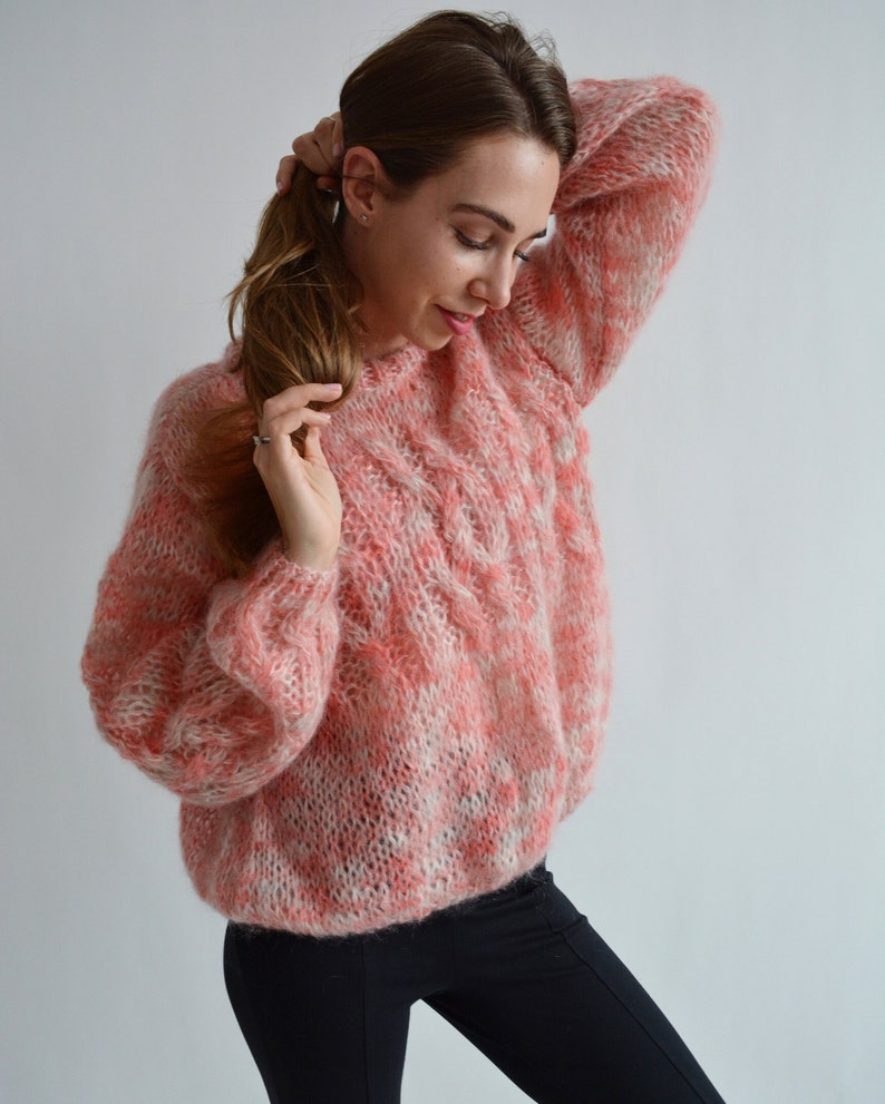Coral melange mohair sweater Soft handknit sweater Fluffy chic sweater Warm rainbow sweater Loose multicolor sweater Sexy chunky sweater image 6