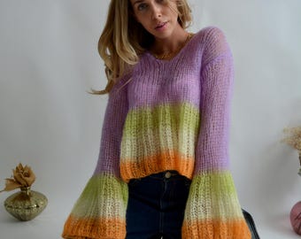 Pull en mohair ombré lilas - Pull en tricot duveteux fait main