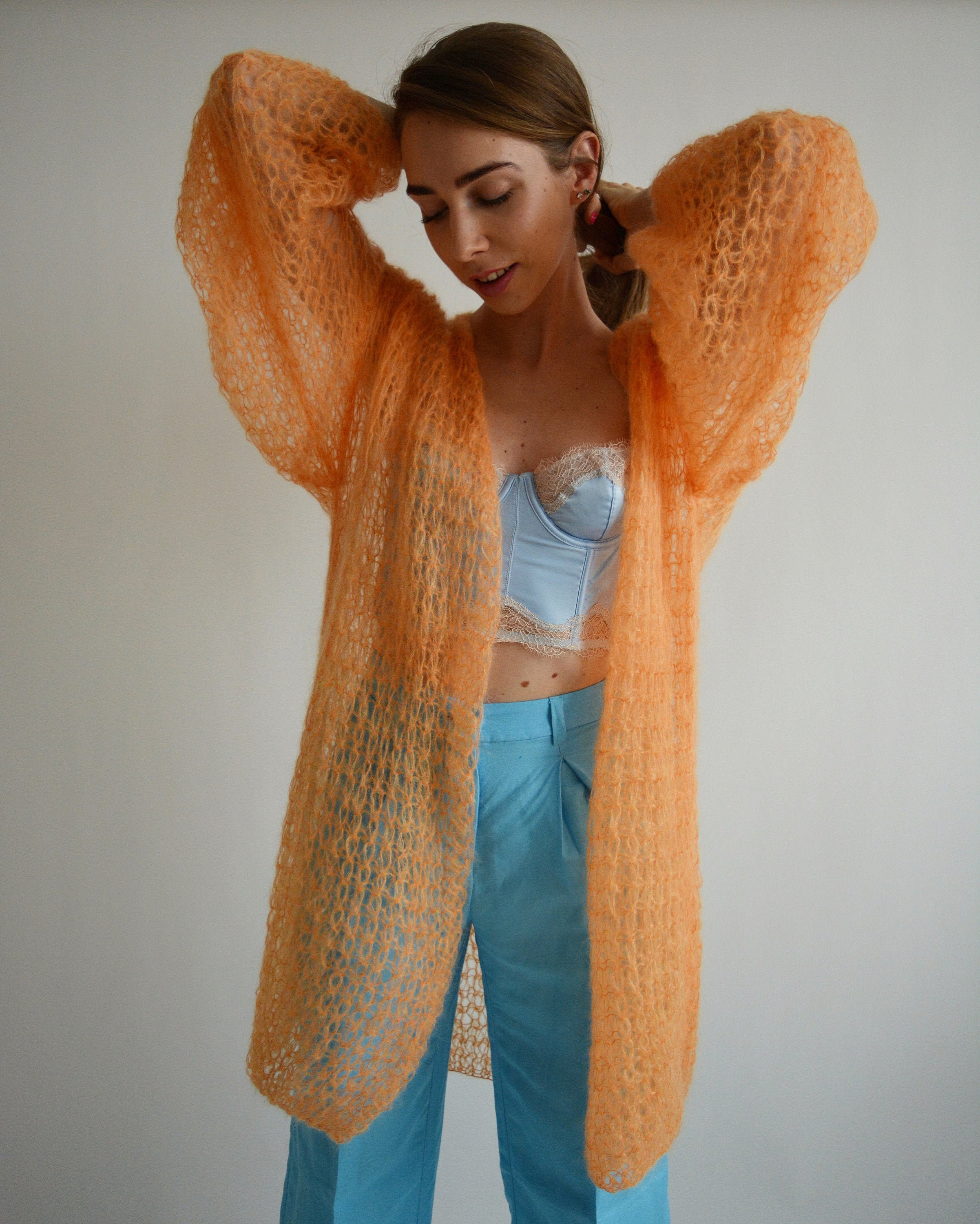 Orange Mohair Cardigan Sexy Handknit Cardigan Open Front Orange Mohair Cardigan Sexy Handknit Cardigan Open Front