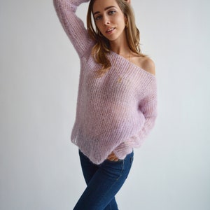 Light lilac mohair sweater, Loose handknit sweater, Oversized sexy sweater, Casual chic sweater, Bohemian off shoulder wool sweater image 6