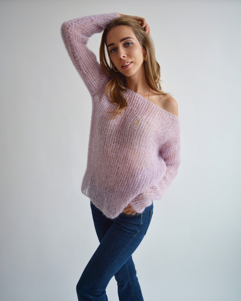 Light lilac mohair sweater, Loose handknit sweater, Oversized sexy sweater, Casual chic sweater, Bohemian off shoulder wool sweater image 6