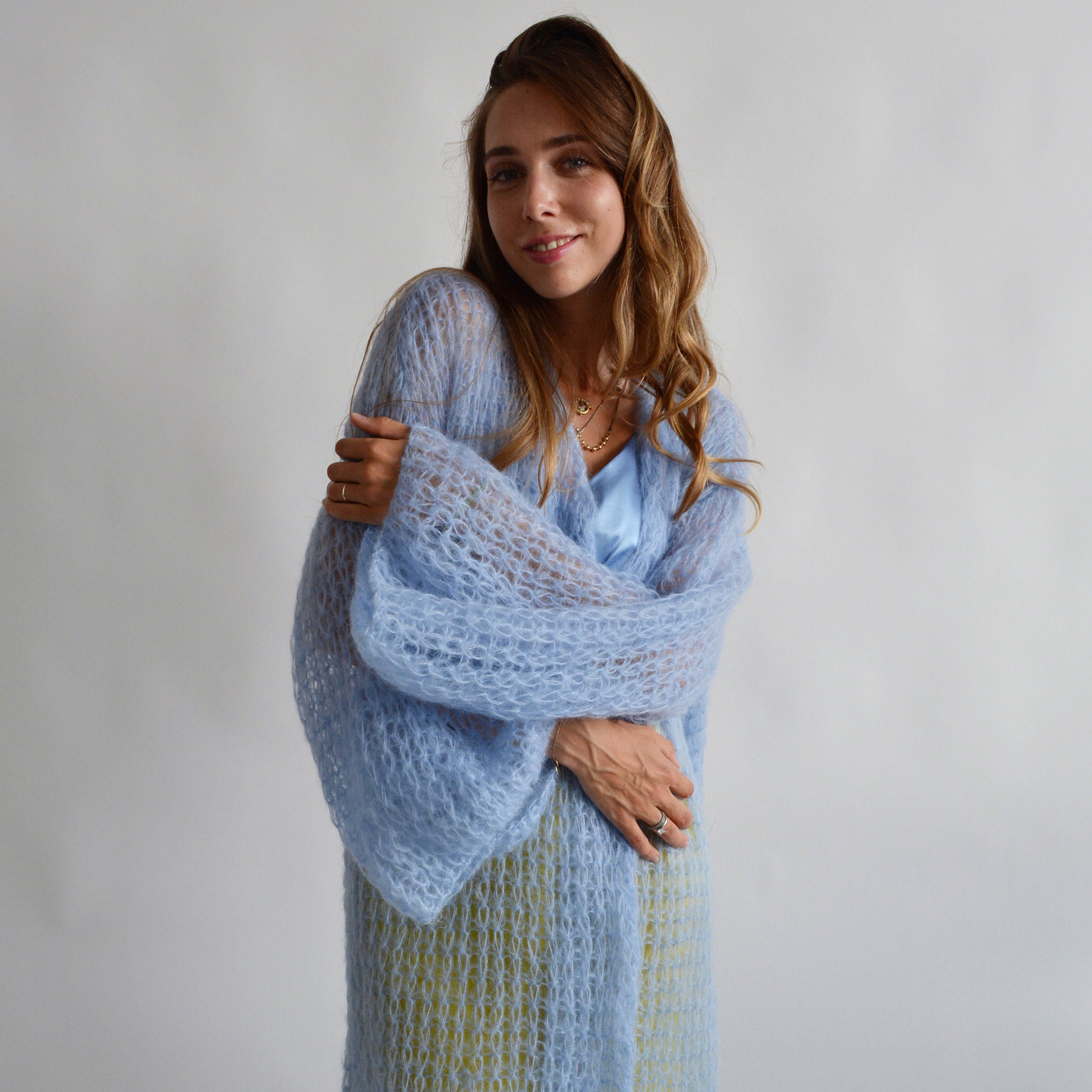 Blue Long Mohair Cardigan Chunky Chic Cardigan Belted Kimono