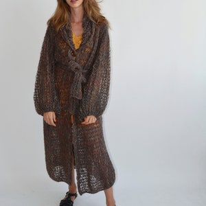 Brown tweed merino wool cardigan Cotton chunky cardigan Oversized maxi cardigan Long belted cardigan Kimono handknit cardigan Wool cardigan image 9