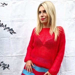 Bright red mohair sweater for spring Loose knit bohemian sweater Oversized handknit sweater Light basic sweater Soft wool knit sweater