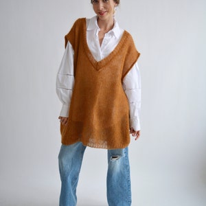 Brown mohair sweater vest Loose V neck vest Sleeveless knitted sweater Chunky wool top Stylish waistcoat Handknit vest Long oversized vest image 7