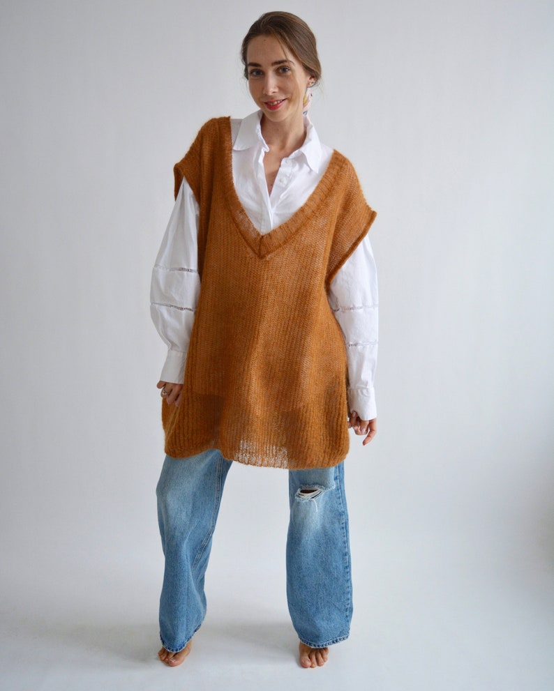 Brown mohair sweater vest Loose V neck vest Sleeveless knitted sweater Chunky wool top Stylish waistcoat Handknit vest Long oversized vest image 7