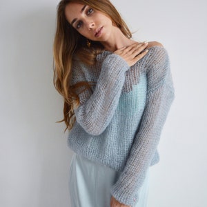 Gray blue cropped mohair sweater Light evening cover up Wedding handknit sweater Bridal soft sweater Short party sweater image 10