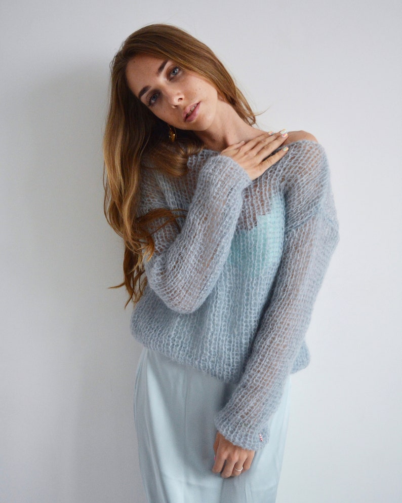 Gray blue cropped mohair sweater Light evening cover up Wedding handknit sweater Bridal soft sweater Short party sweater image 10