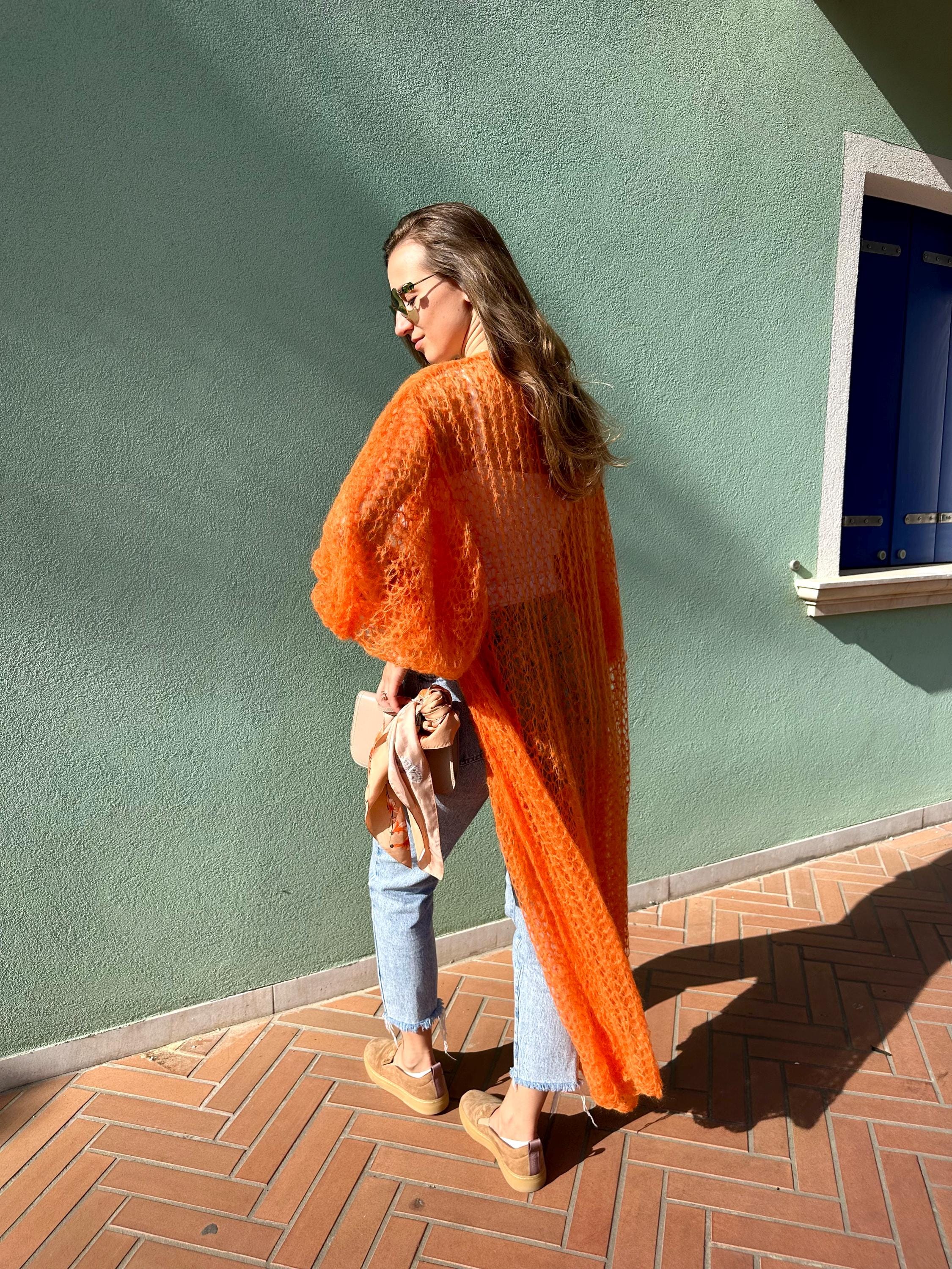 Long Orange Mohair Cardigan | Luxury Handmade Knit - Etsy