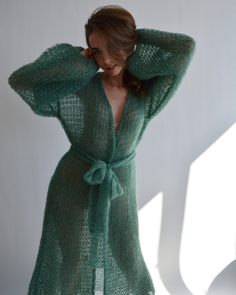 Green mohair cardigan Long belted cardigan Kimono oversized cardigan Light chunky cardigan Wrap cardigan coat Handknit maxi cardigan image 2