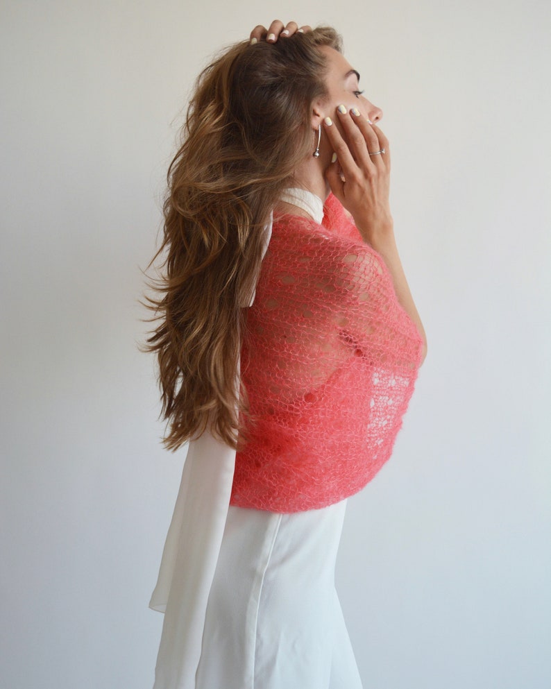 Coral silk mohair shawl, Wedding bolero shrug, Bridal knitted shawl, Evening shawl, Bridesmaid light bolero, Bridal cover up, Bridal wrap image 6