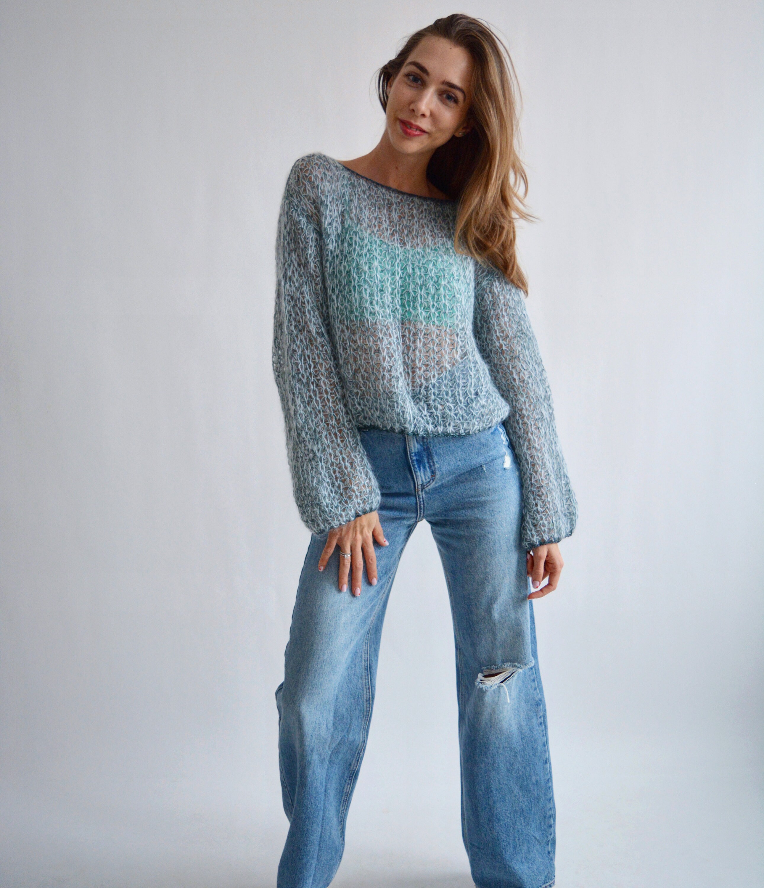 Blue Mohair Sweater Cropped Embellished Sweater With Lurex