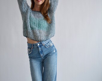 Blue Mohair Sweater Cropped Embellished Sweater With Lurex