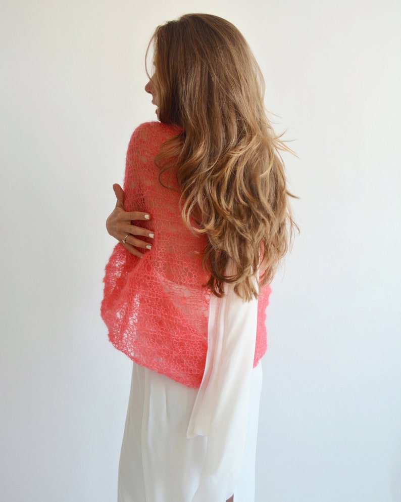 Coral silk mohair shawl, Wedding bolero shrug, Bridal knitted shawl, Evening shawl, Bridesmaid light bolero, Bridal cover up, Bridal wrap image 3