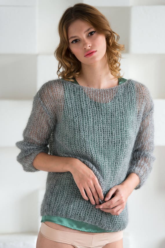 【paper moon 】mohair loose knit  （ivory） Airy Mohair Bomber — Hand Knit Mohair Cardigan, Raglan Balloon