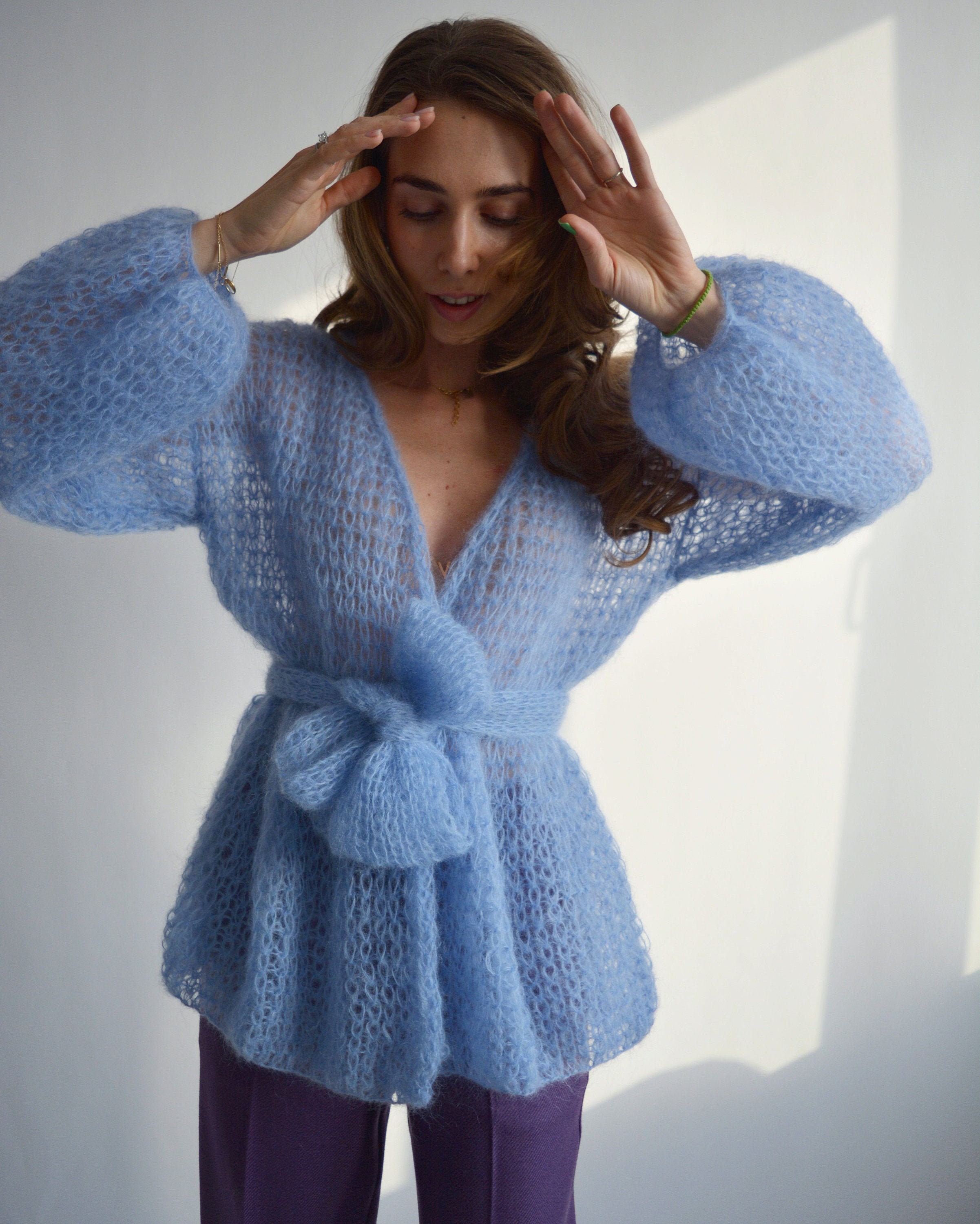 Sky Blue Mohair Cardigan Cropped Fluffy Cardigan Soft Belted - Etsy