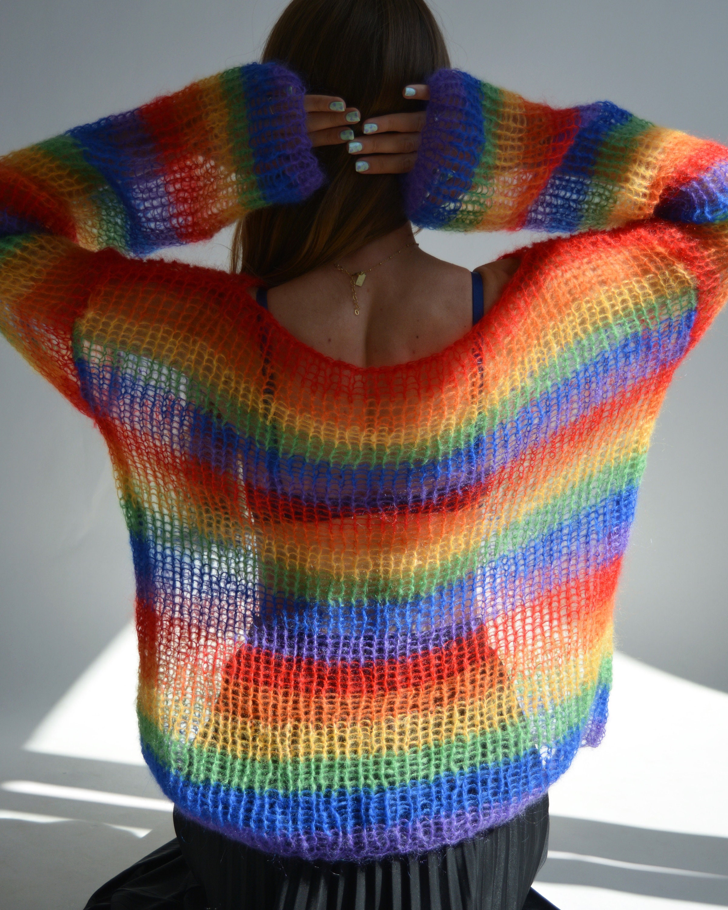 Hand Knit Rainbow Mohair Sweater: Striped Festival LGBT Pride