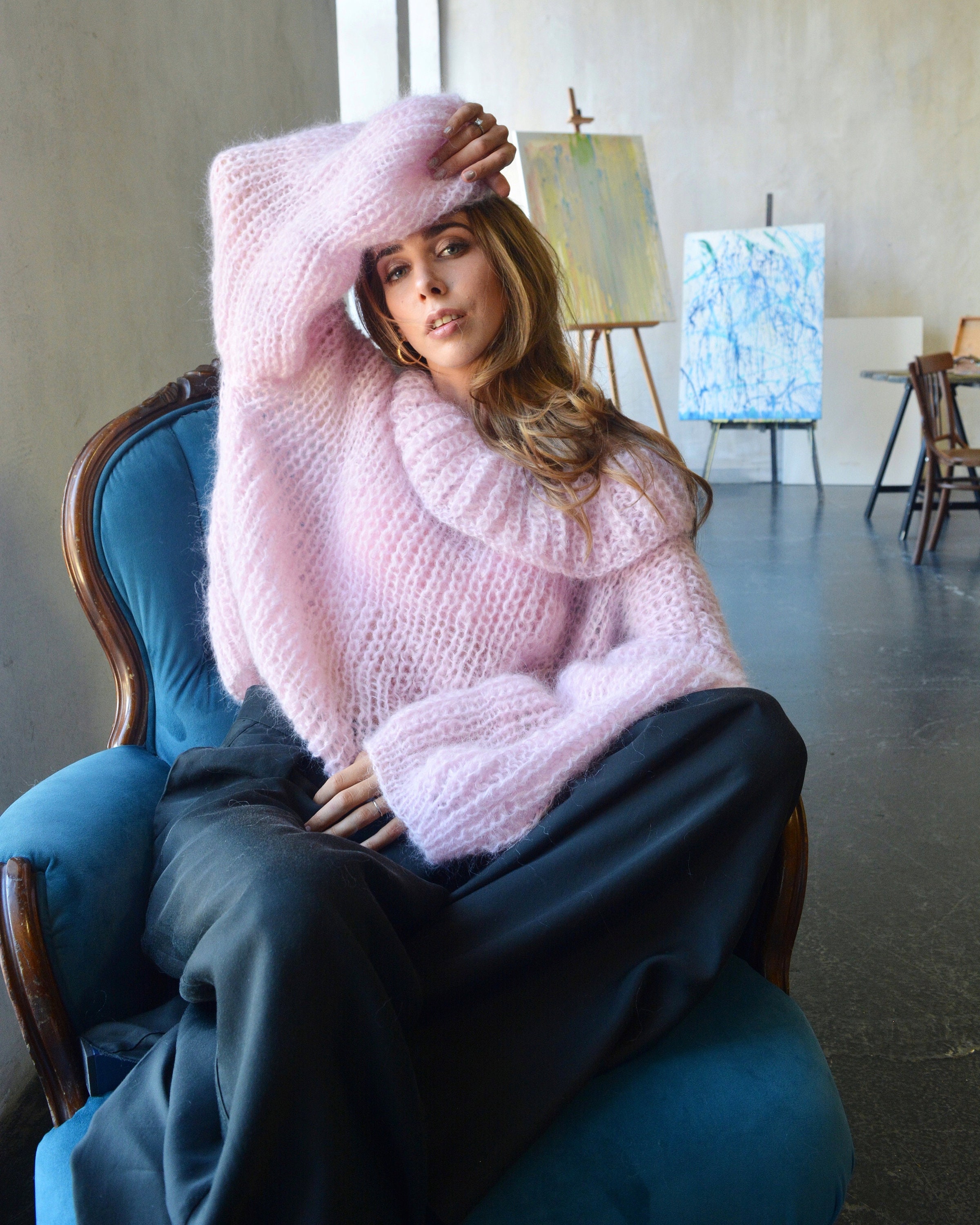 Light Pink Mohair Sweater Alpaca Turtleneck Sweater Slouchy Soft