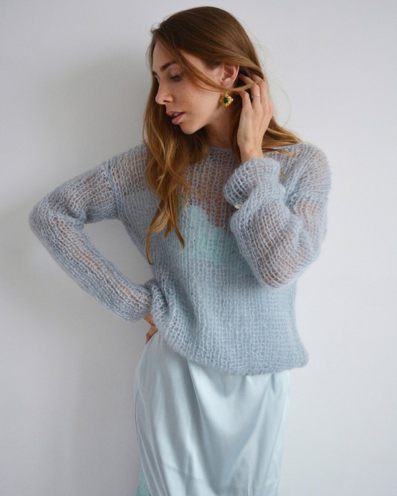 Gray blue cropped mohair sweater Light evening cover up Wedding handknit sweater Bridal soft sweater Short party sweater image 4