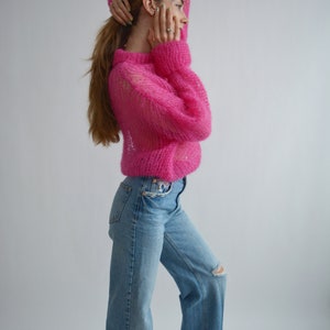 Bright fuchsia pink sweater Turtleneck mohair sweater Loose handknit sweater Soft sexy wool sweater Stylish oversized knit sweater image 3