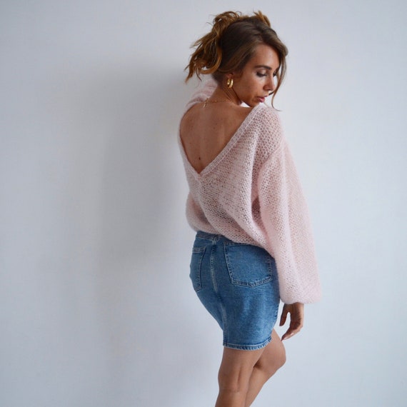 Pink Mohair V Neck Sweater Open Back Oversized Sweater Sexy - Etsy