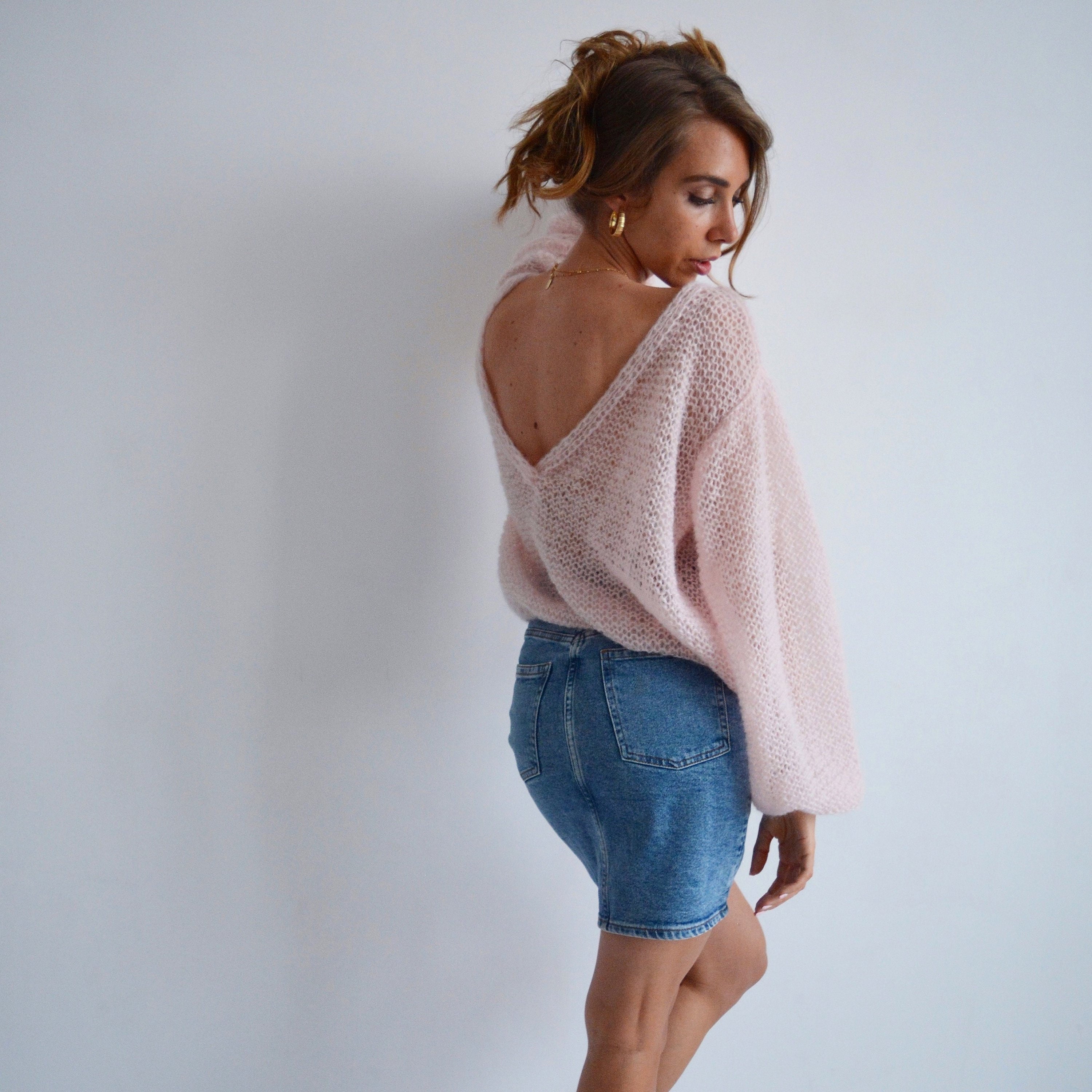Pink Mohair V Neck Sweater Open Back Oversized Sweater Sexy - Etsy Denmark