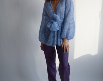 Sky Blue Mohair Cardigan Cropped Fluffy Cardigan Soft Belted