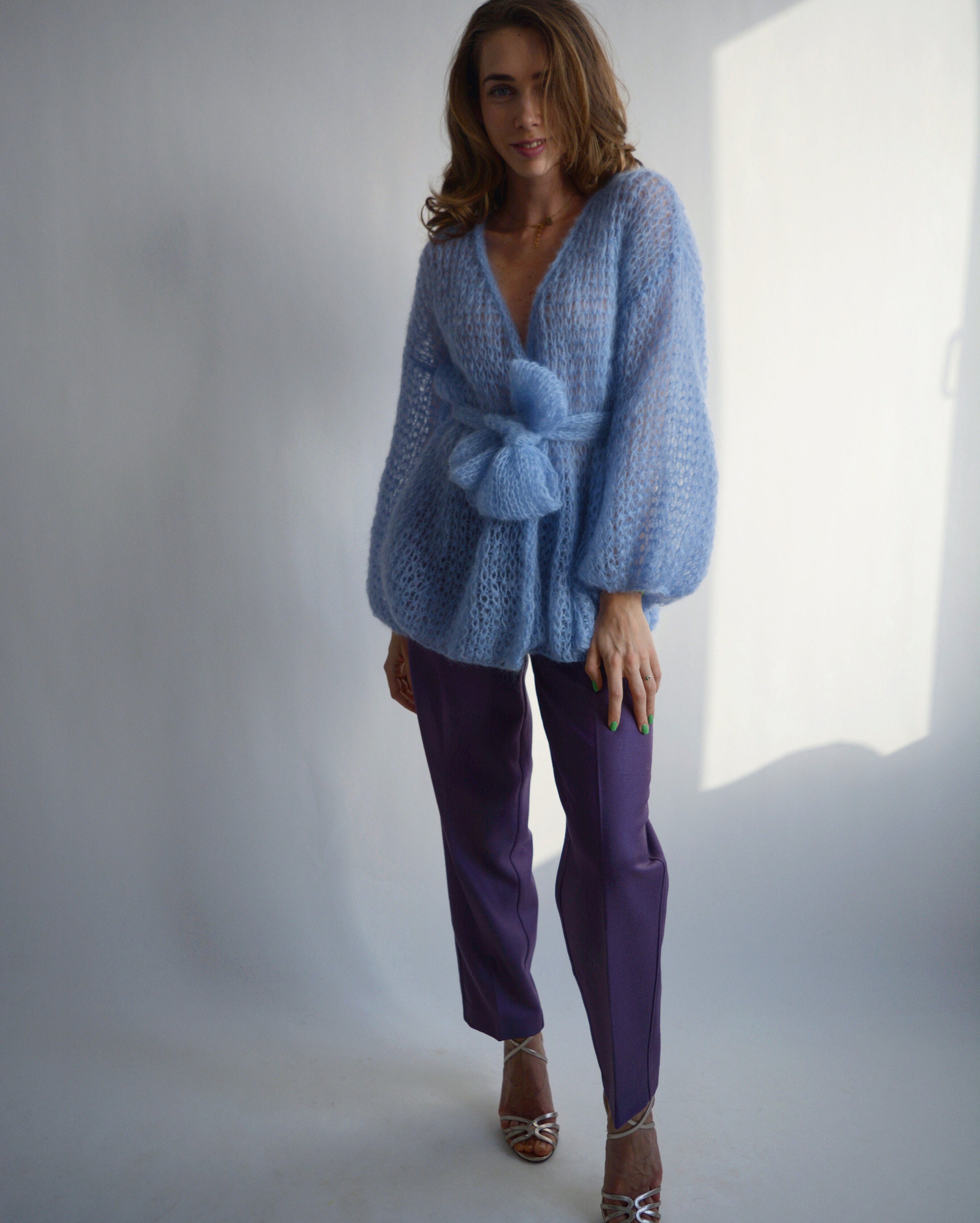 Sky Blue Mohair Cardigan Cropped Fluffy Cardigan Soft Belted Sky Blue Mohair Cardigan Cropped Fluffy Cardigan Soft Belted
