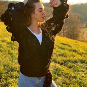 Black tie mohair cardigan Cropped crochet cardigan Embroidered short cardigan Belted bell sleeve cardigan Embellished unique cardigan image 10